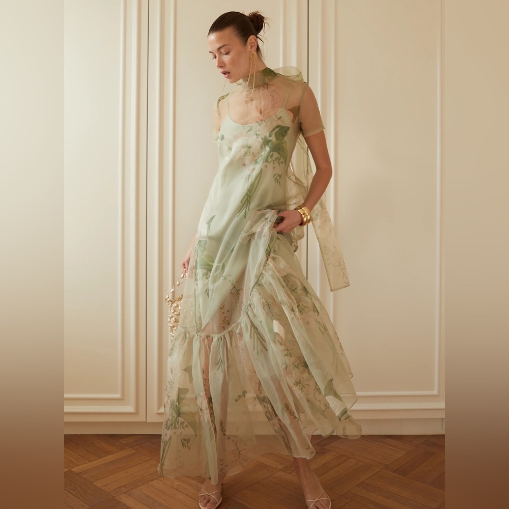 Sheer Floral Slip Maxi Dress in Pale Mint